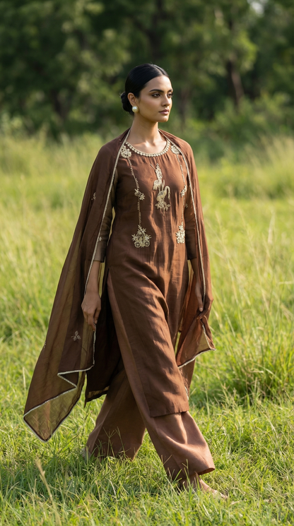 Mocha Brown Resham Embroidery Mul Mul Suit Set