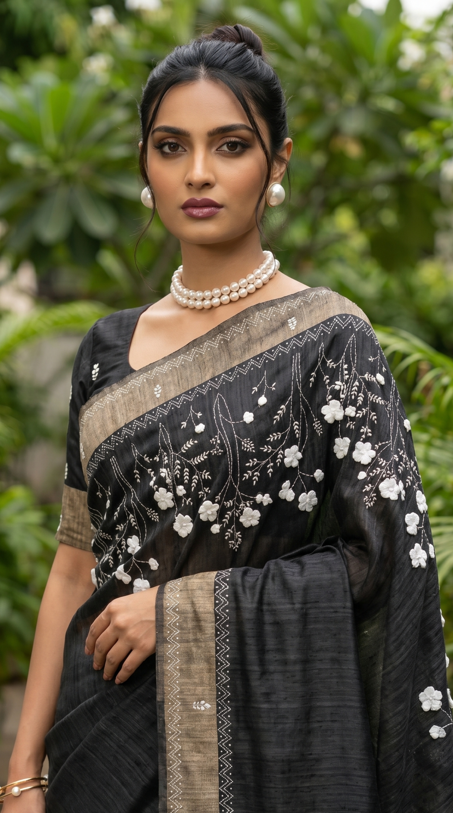 Black hand embroidered Tussar Silk Saree