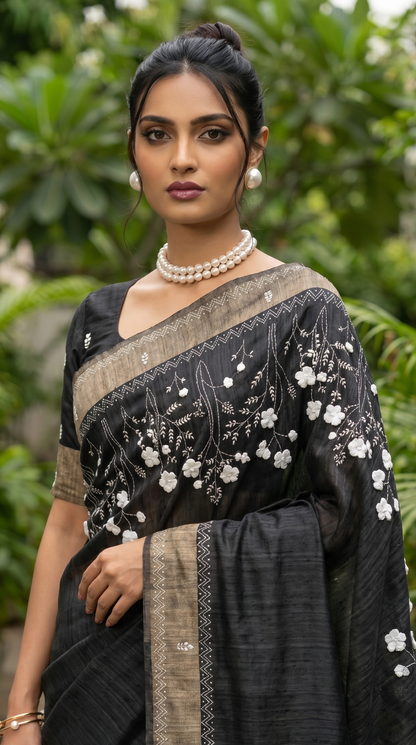 Black hand embroidered Tussar Silk Saree