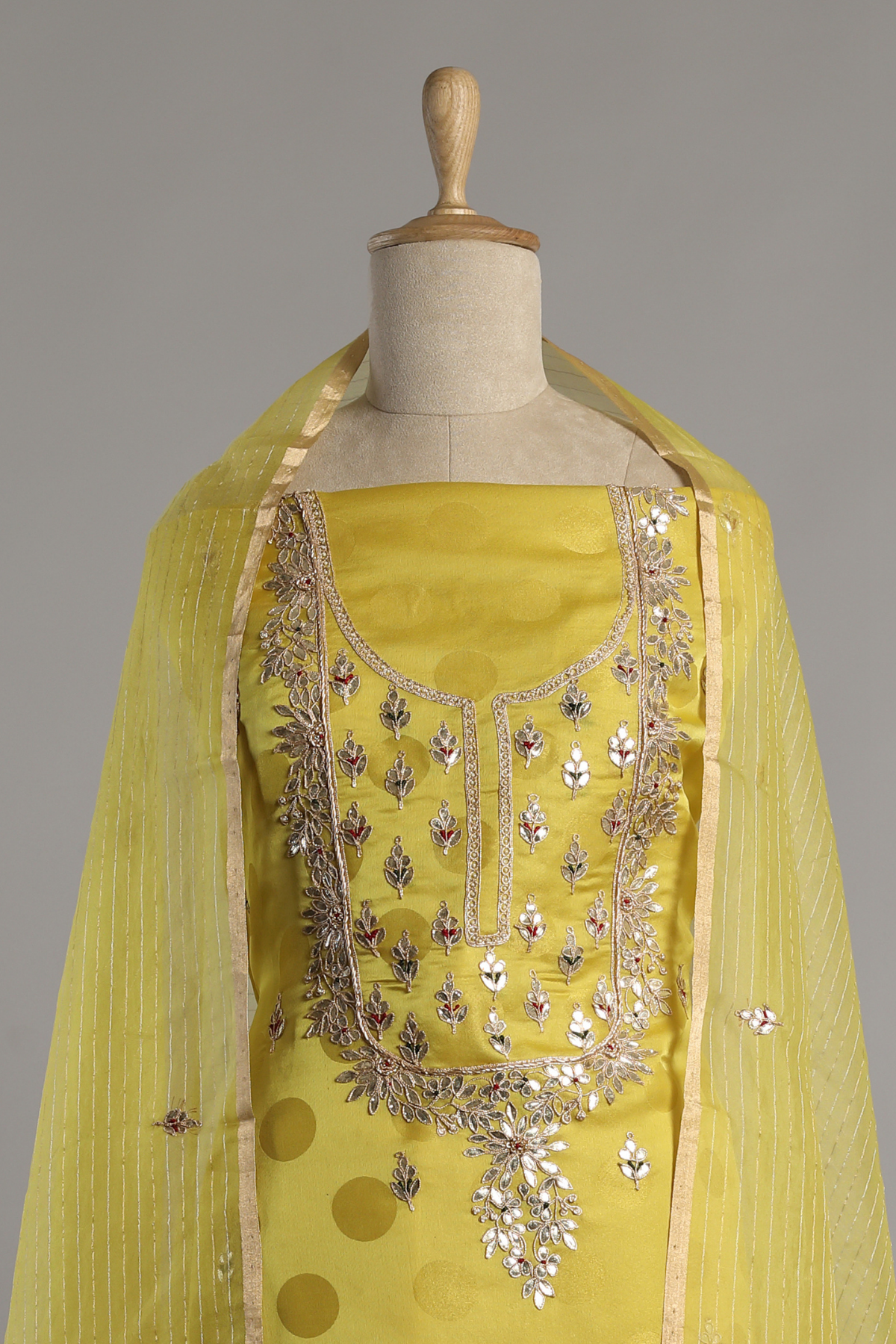 Lime Yellow Polka Tissue Set Embibed with Gota Dori Embroidery