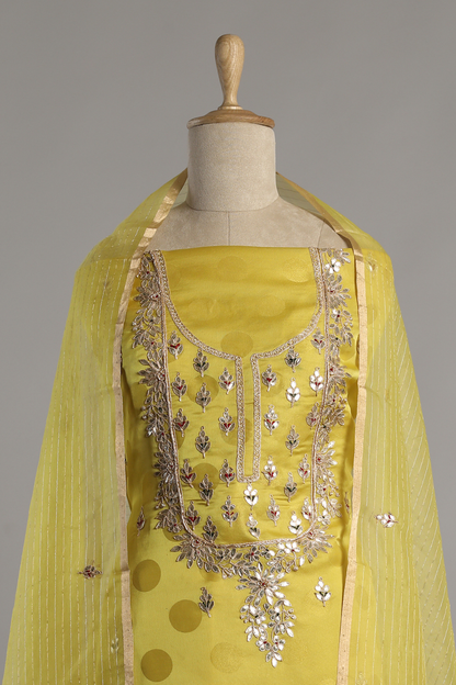 Lime Yellow Polka Tissue Set Embibed with Gota Dori Embroidery