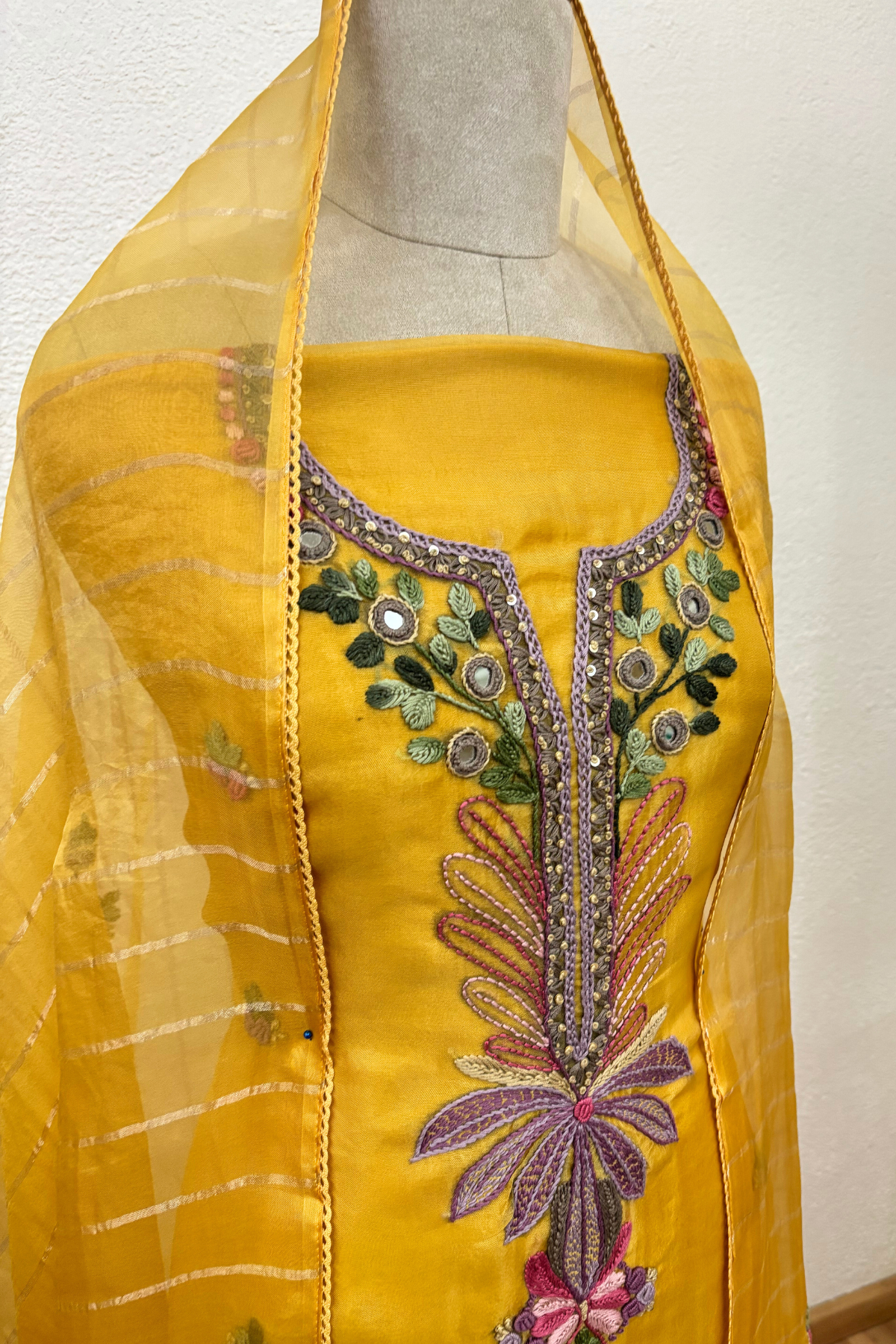 YELLOW ORGANZA SUIT WITH THREAD WORK