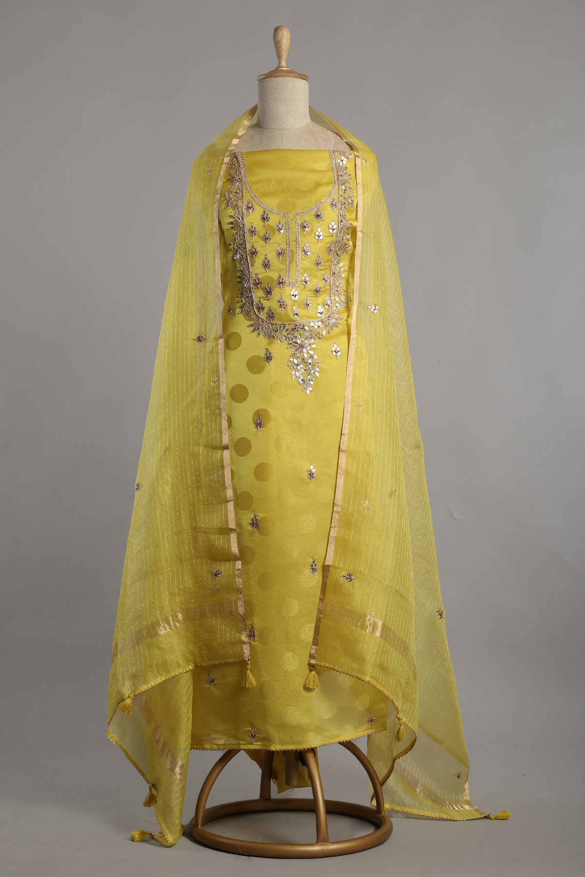 Lime Yellow Polka Tissue Set Embibed with Gota Dori Embroidery