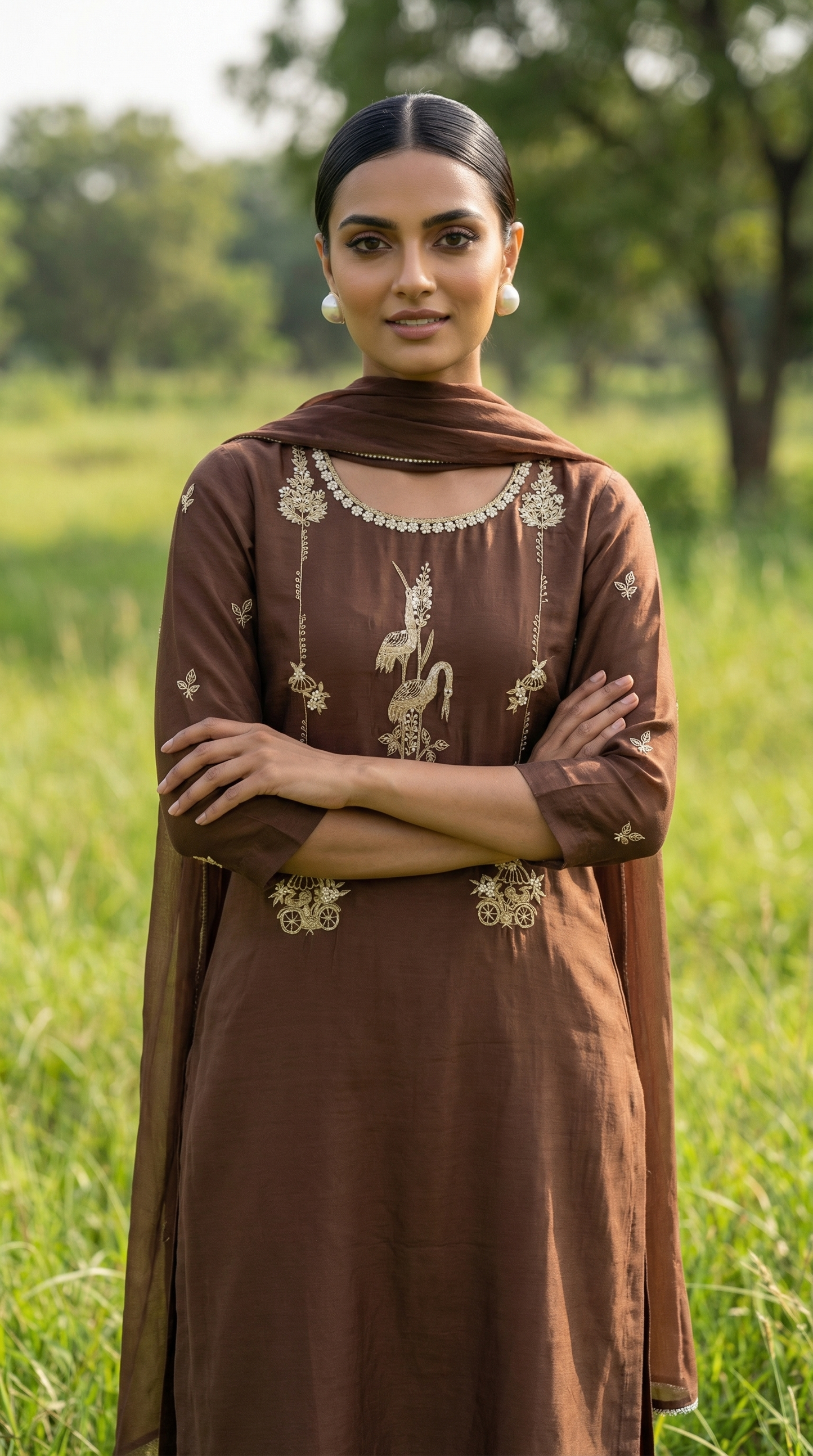 Mocha Brown Resham Embroidery Mul Mul Suit Set