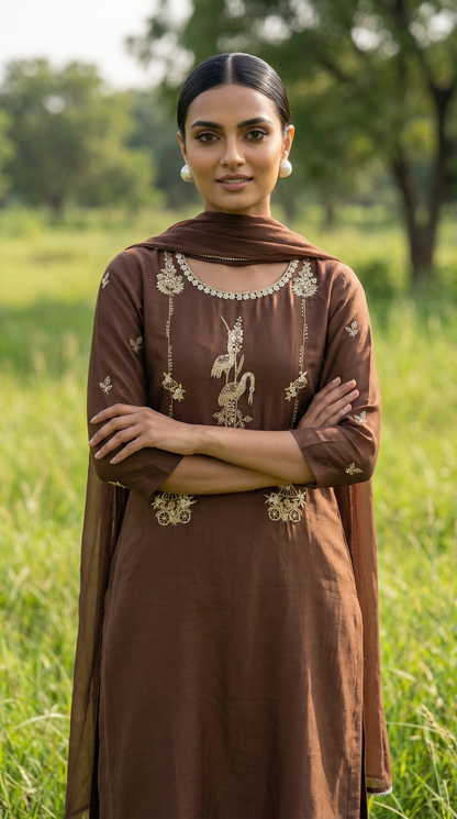 Mocha Brown Resham Embroidery Mul Mul Suit Set
