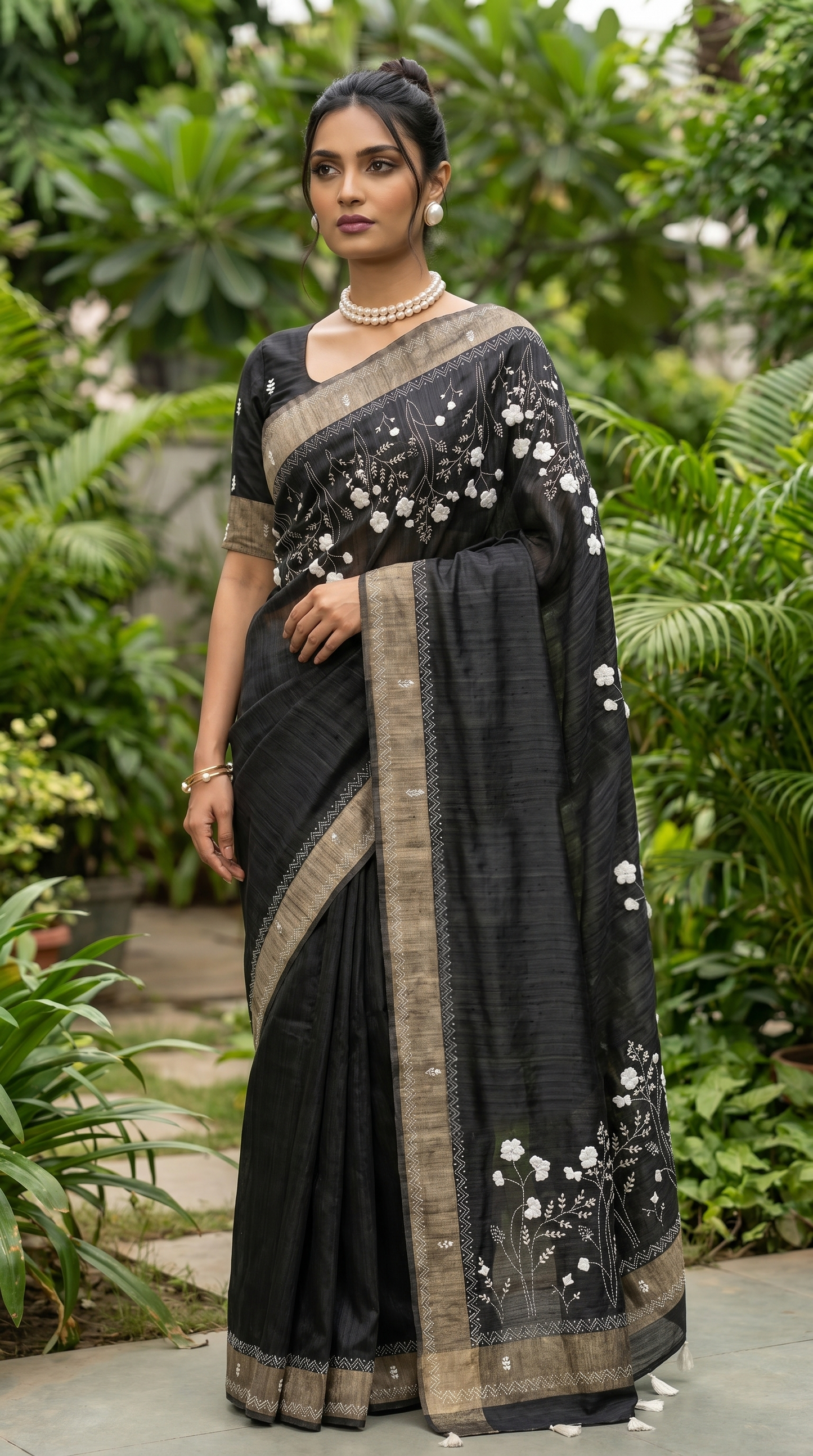 Black hand embroidered Tussar Silk Saree