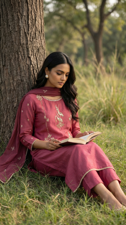 Dusty Rose Resham Embroidery Mul Mul Suit Set