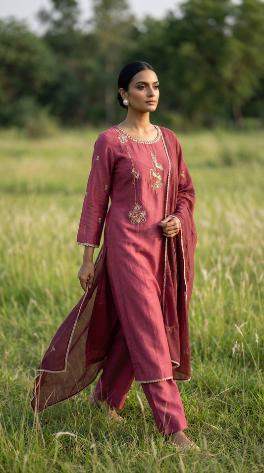 Dusty Rose Resham Embroidery Mul Mul Suit Set