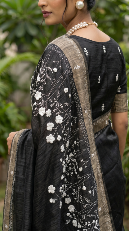 Black hand embroidered Tussar Silk Saree