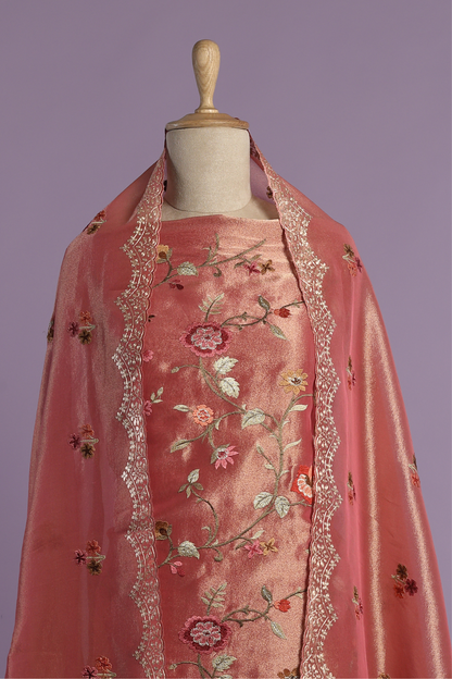 Pink Soft Tissue Kurta Set with Meticulous Parsi Embroidery