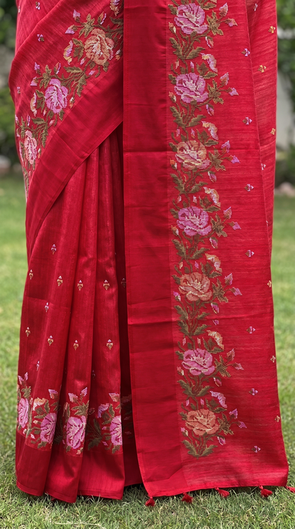 Red Tussar Silk Saree