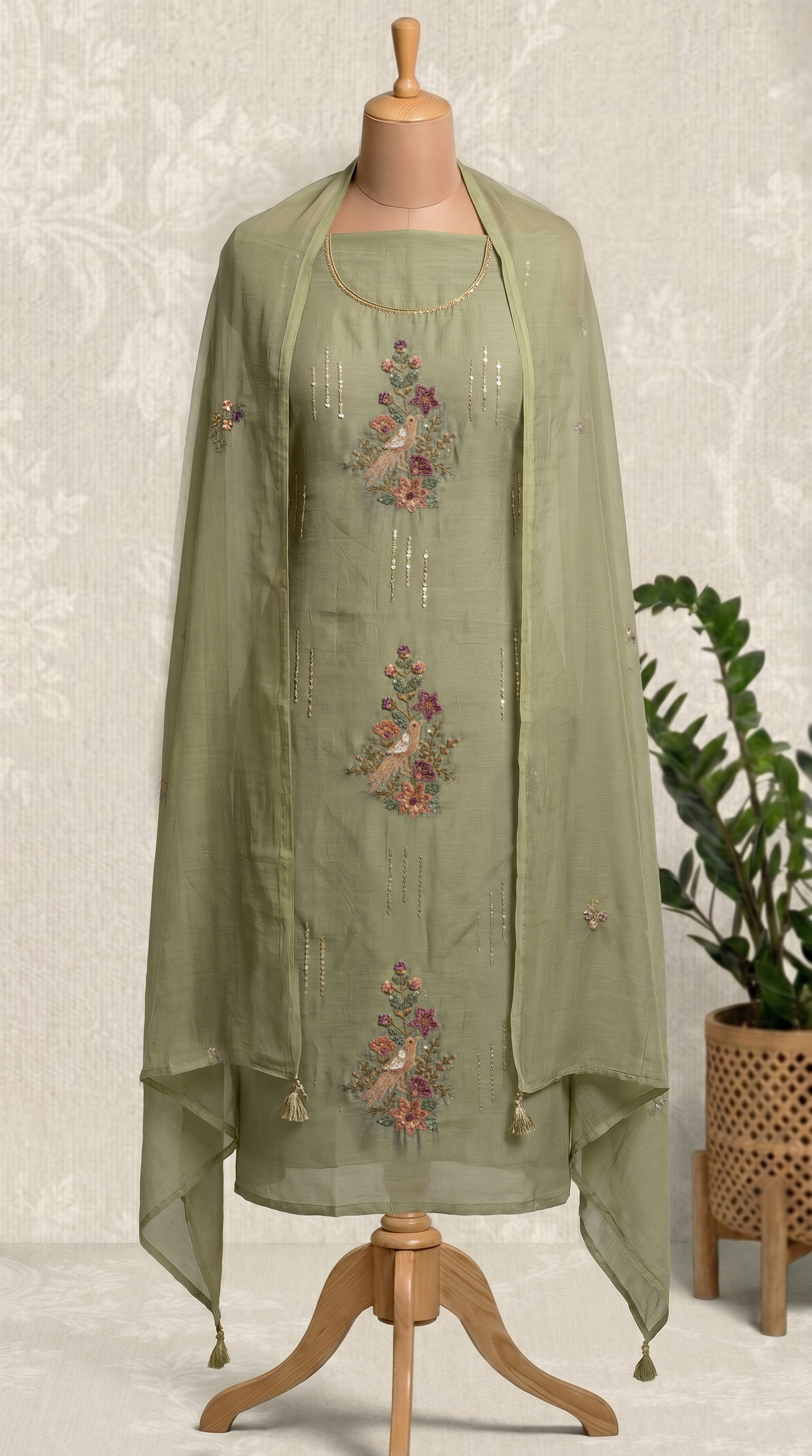  Unstitched Sage Green Mul mul Salwar Suit Piece