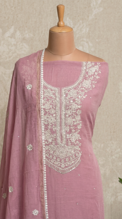 Blush Pink Resham Embroidery Mul Mul Unstitched Suit Set