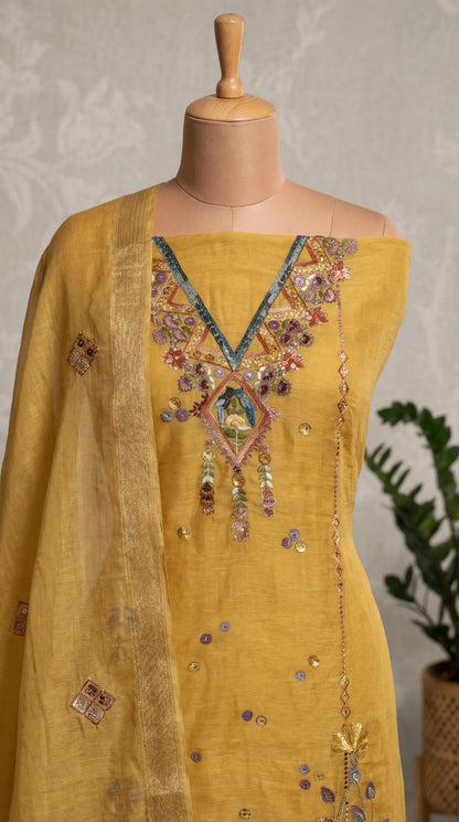 Mustard Resham Embroidery Linen Unstitched Suit Set