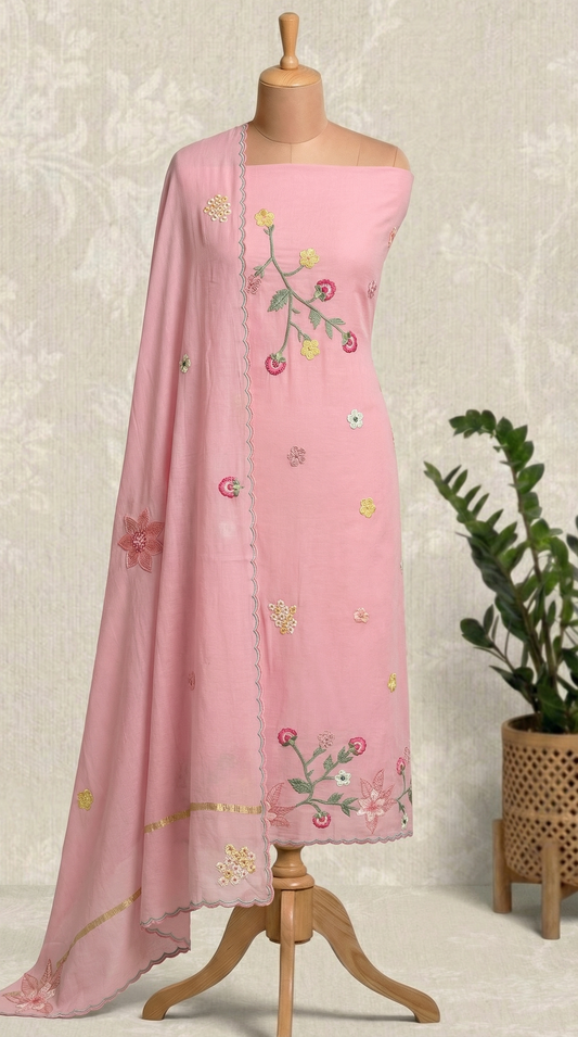 Light pink Resham 3D Embroidery Mul Mul Unstitched Suit Set