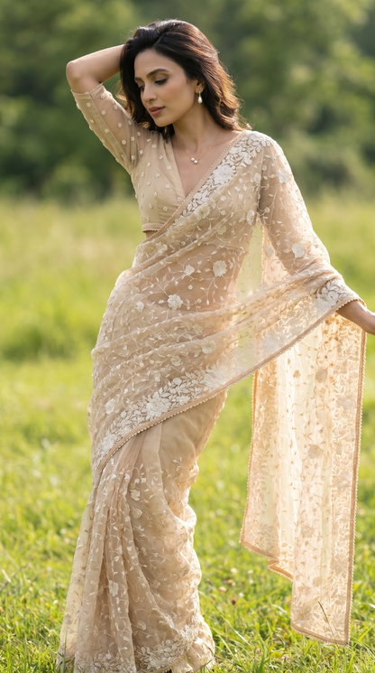 Beige Organza Saree