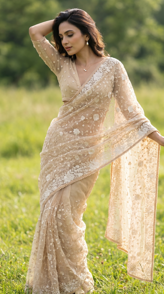 Beige Organza Saree
