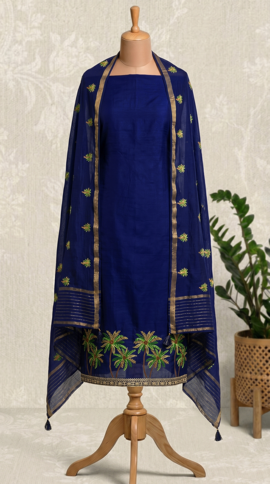 Unstitched Elegant Navy Blue Mul mul Salwar Suit Piece
