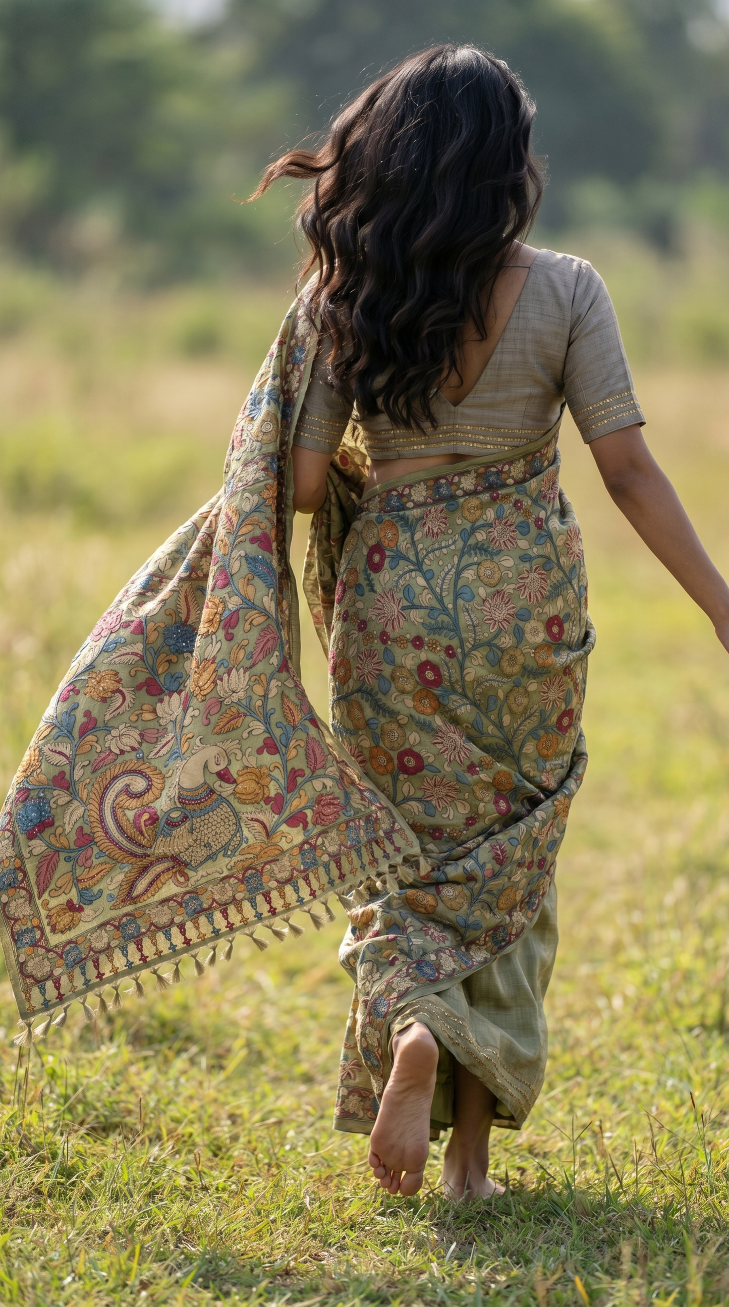 Sage Green Tussar Silk Saree
