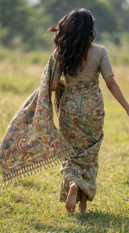 Sage Green Tussar Silk Saree