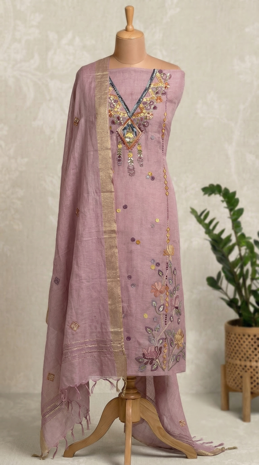 Mauve Resham Embroidery Linen Unstitched Suit Set