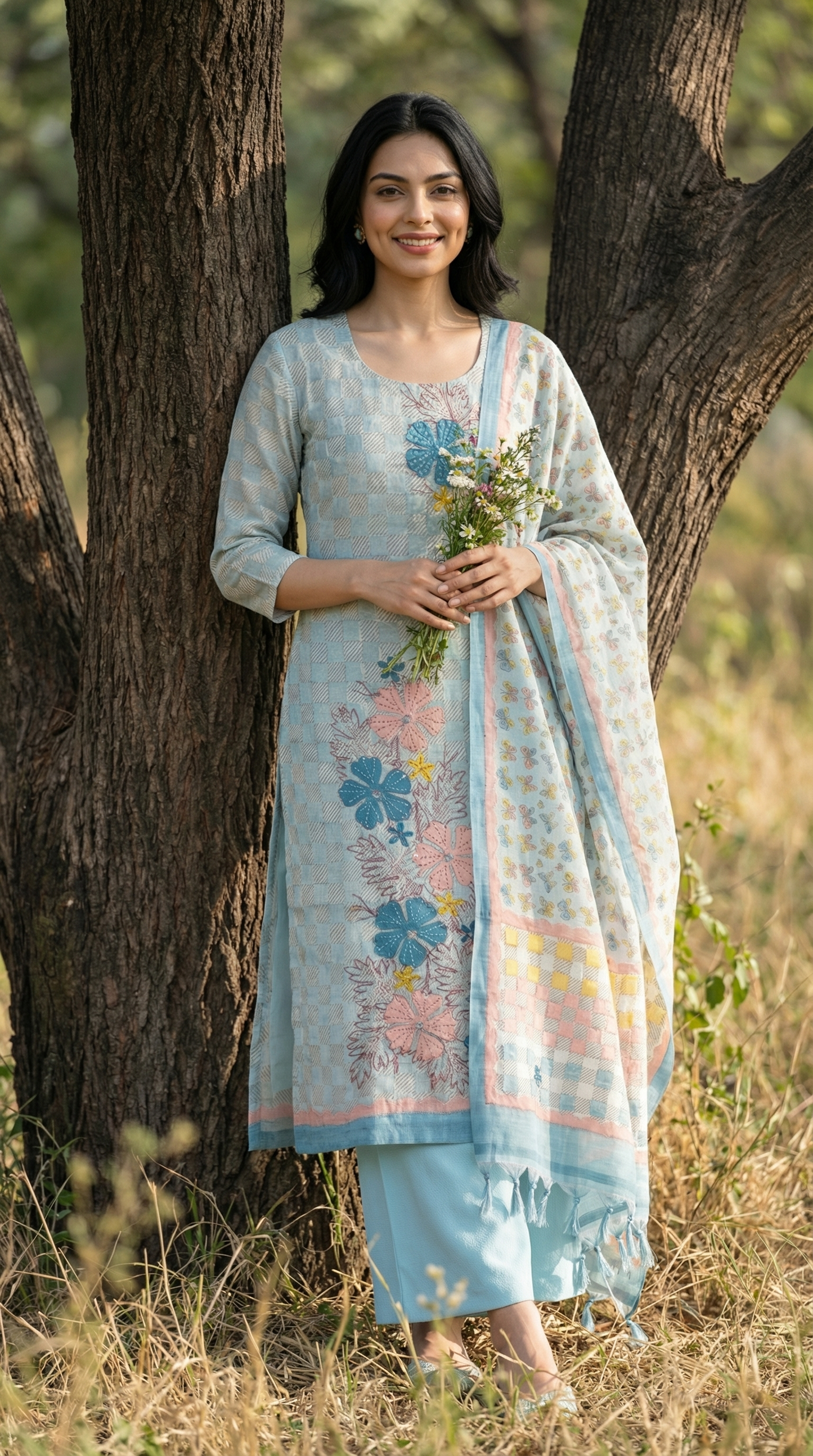 Resham Embroidery Powder Blue Jute Cotton Stitched Suit Set