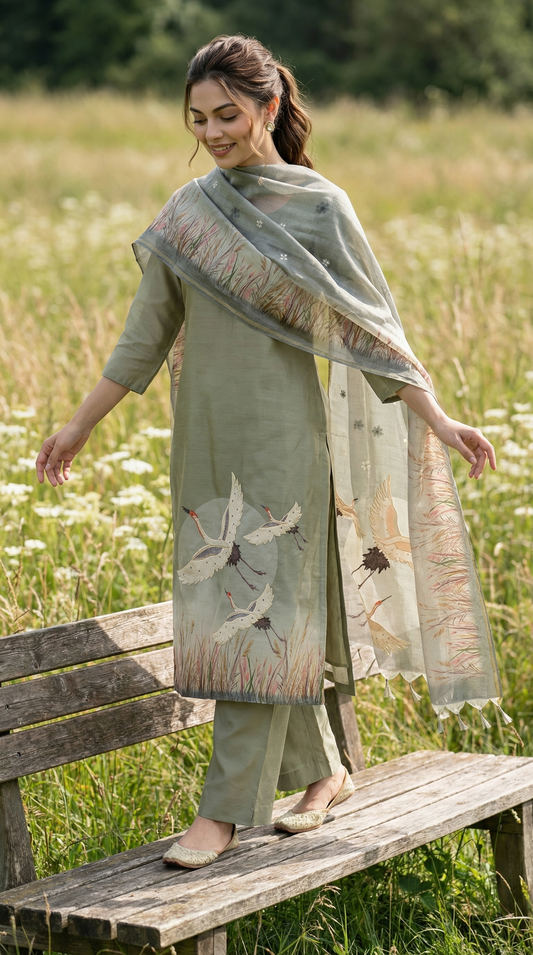 Sage Green Chanderi Stitched Suit Set