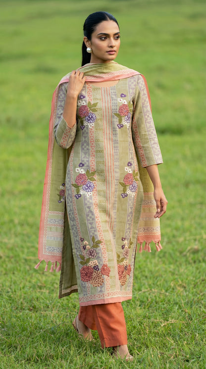 Resham Embroidery Olive Green Jute Cotton Stitched Suit Set