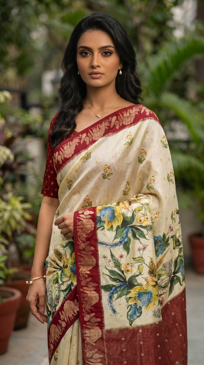 Cream Coloured Tussar Silk Saree
