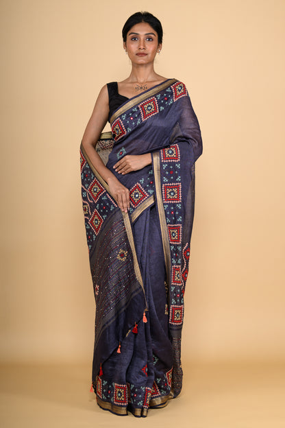 Pure Linen Deep Blue Saree Highlighted with Tikki & Thread Work