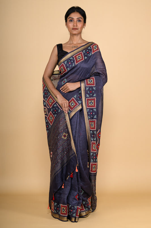 Pure Linen Deep Blue Saree Highlighted with Tikki & Thread Work