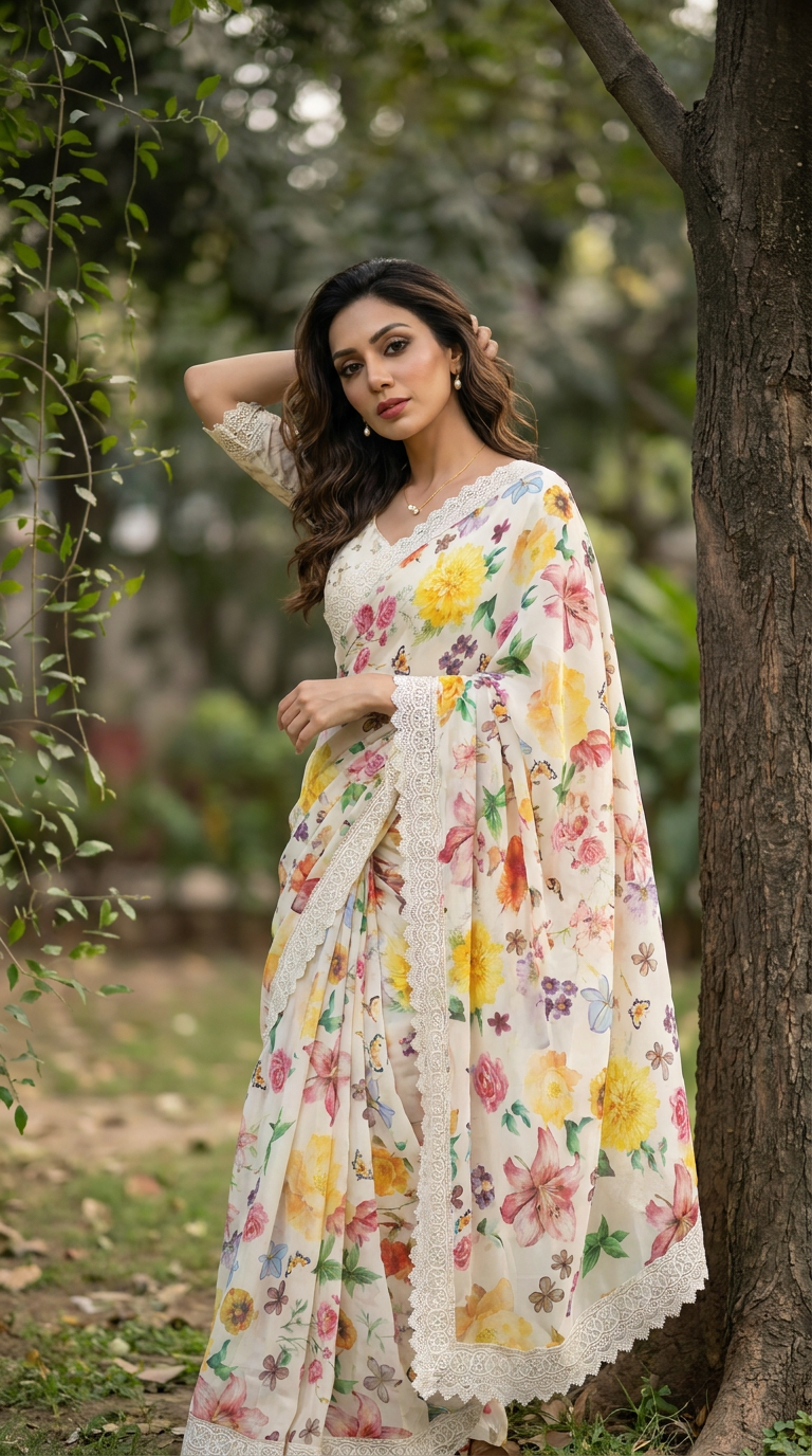 Ivory Georgette Saree