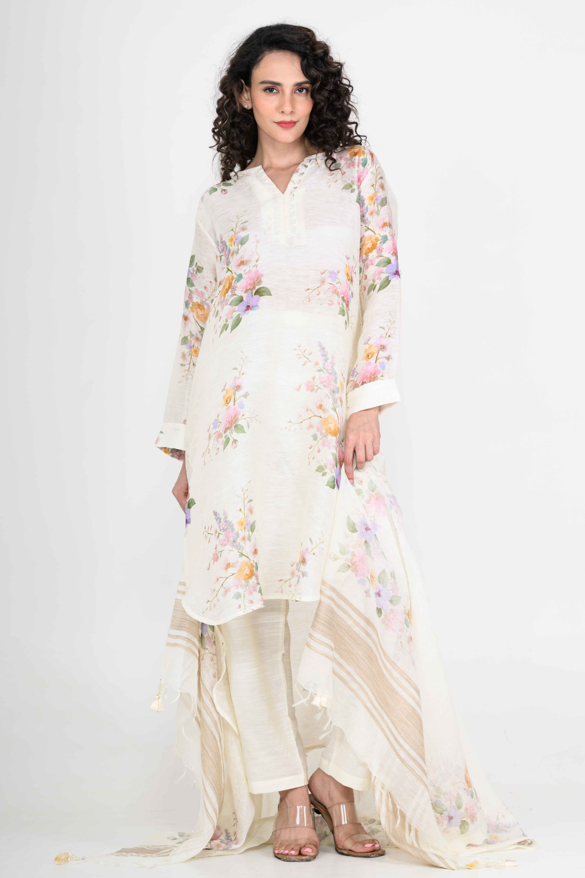 Pure Linen Off White Kurta Set with Dupatta