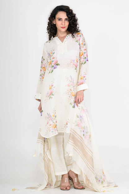 Pure Linen Off White Kurta Set with Dupatta