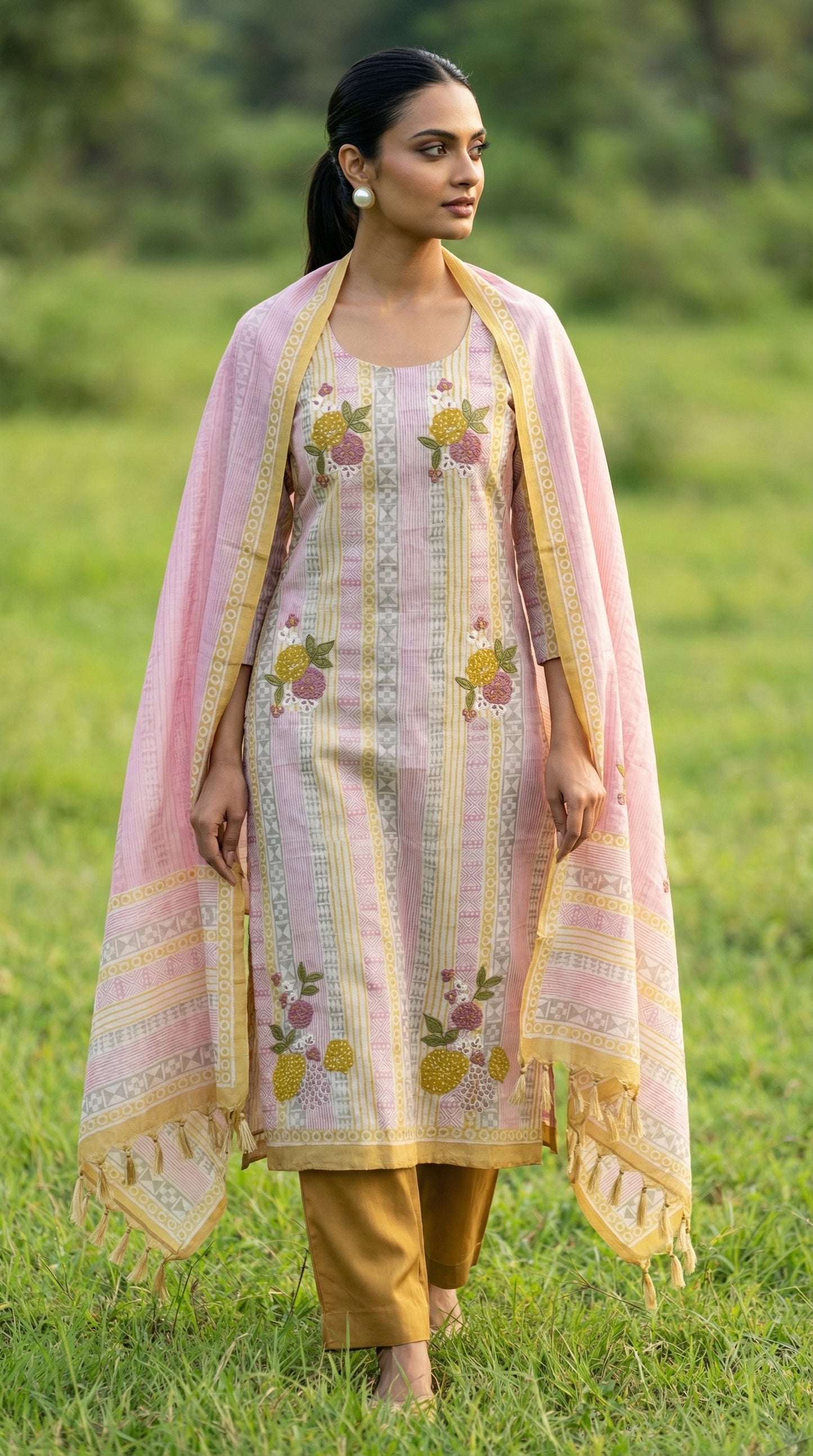 Resham Embroidery Dusty Yellow Jute Cotton Stitched Suit Set