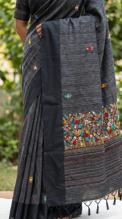 Charcoal Grey Linen Saree