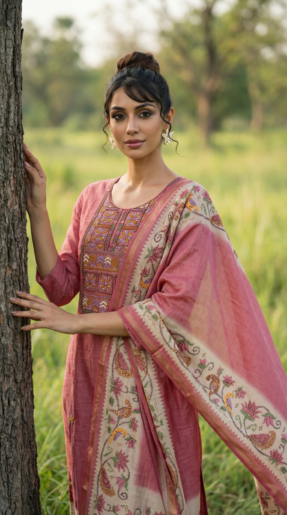Resham Embroidery Rustic Red Chanderi Stitched Suit Set