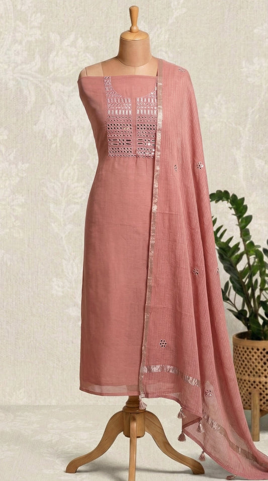 Peach Pink Mirror Work Embroidery Mul Mul Unstitched Suit Set
