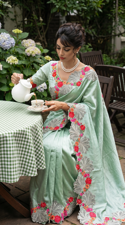 Raw Silk  light Seafoam Green Saree