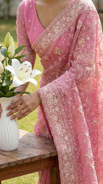 Organza pink Saree