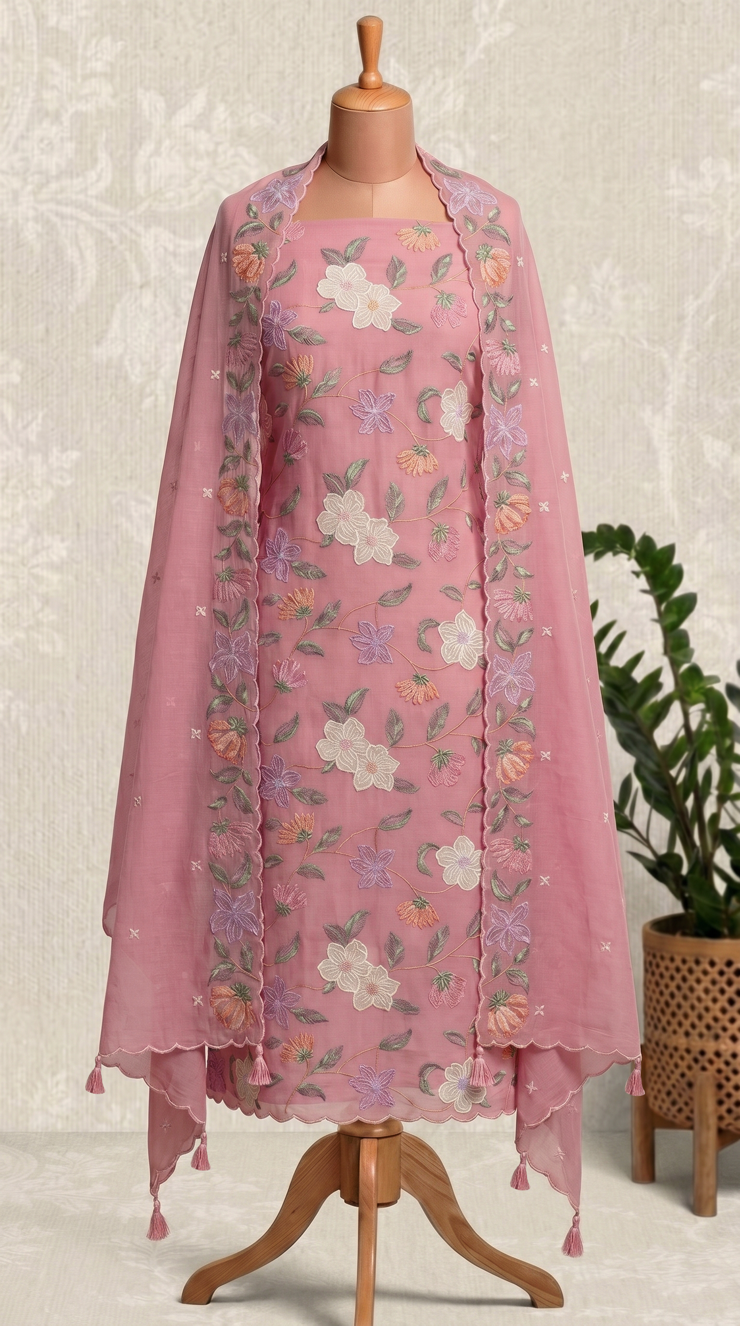 Vibrant Pink Floral embroidered Unstitched Indian Suit Piece
