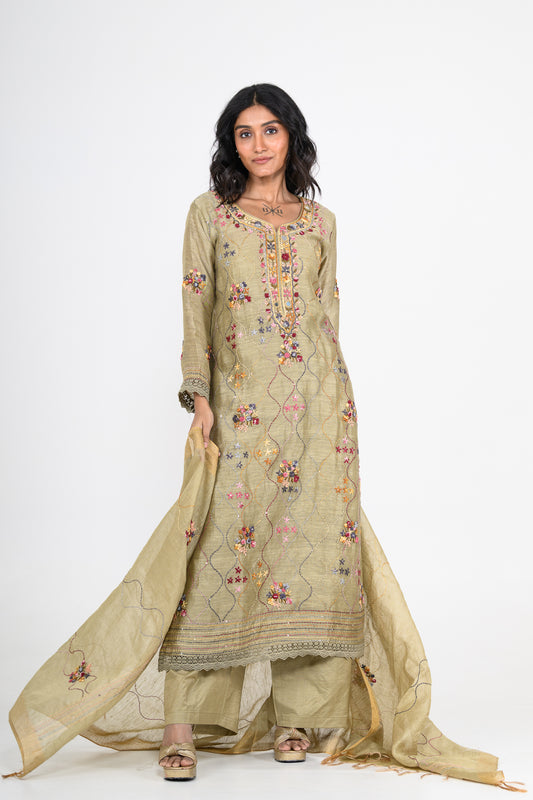 Sage Green Thread Embroidered Pure Linen Kurta Set & Dupatta