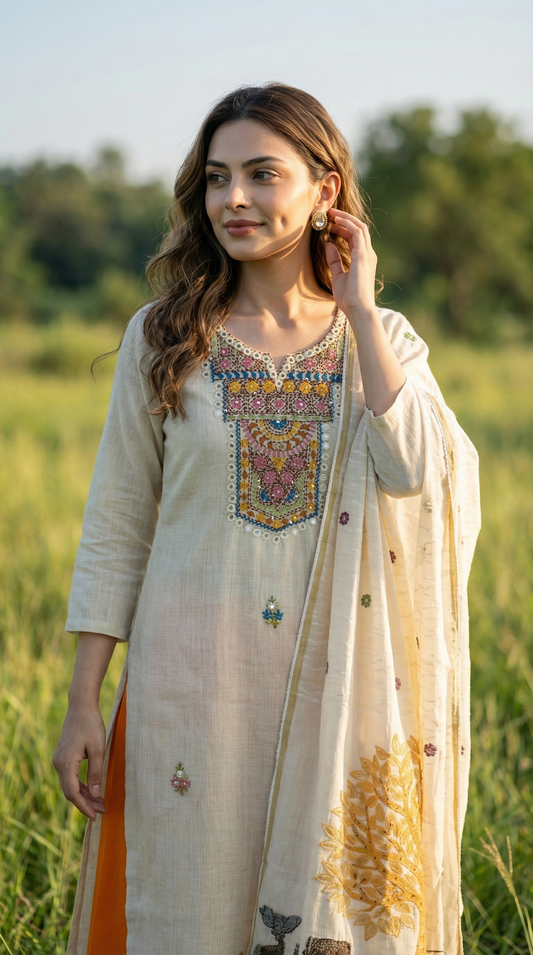 Resham Embroidery Beige &Tangy Orange chanderi Stitched Suit Set