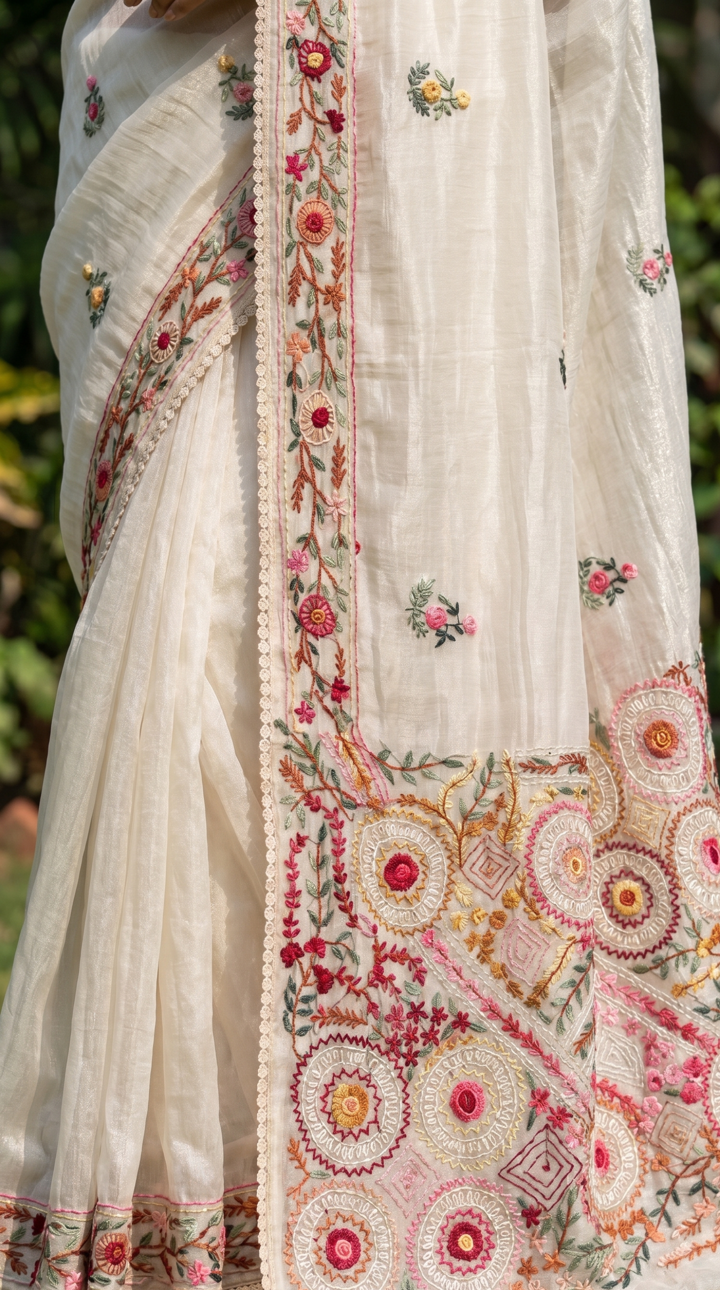 Hand embroidery Ivory Saree