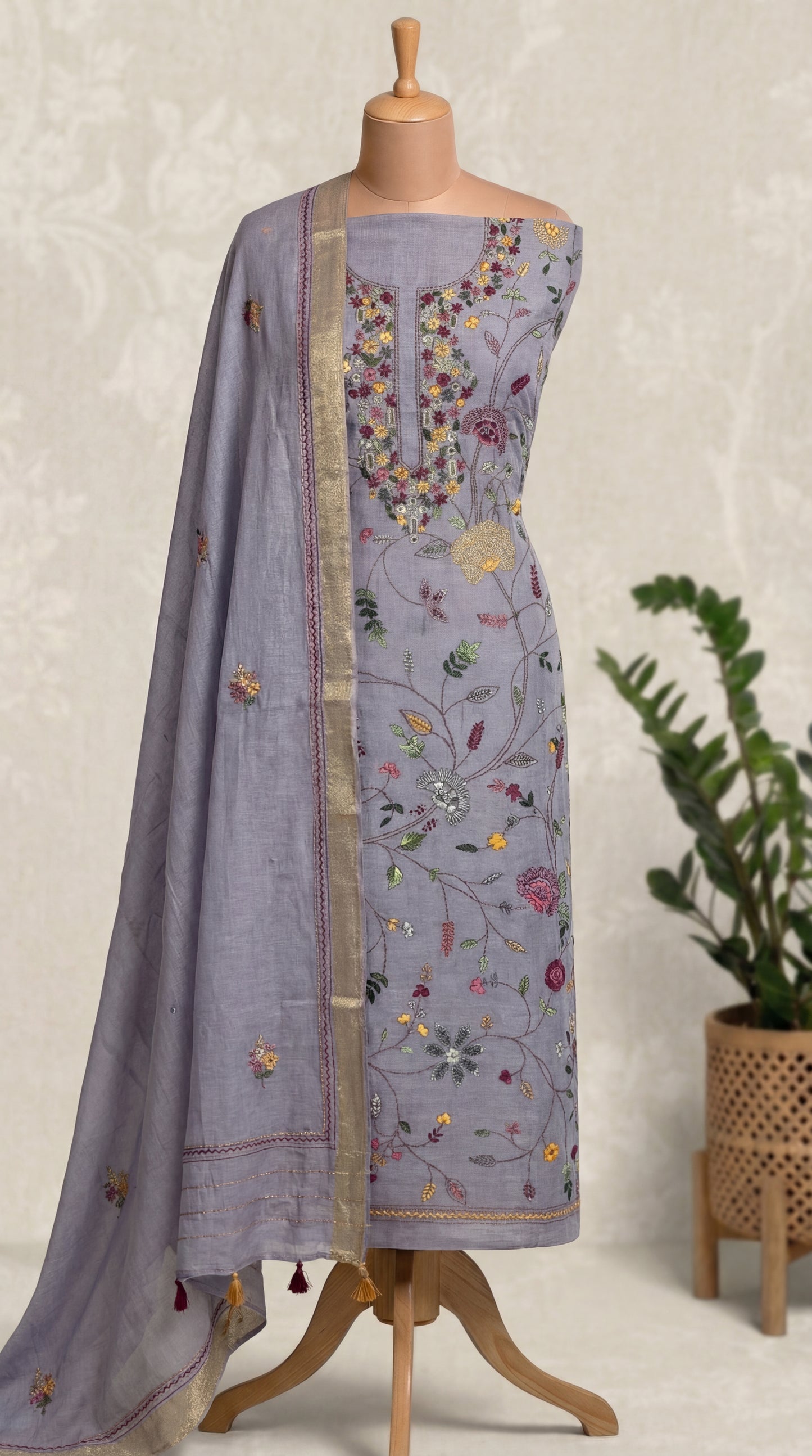 Lavender Grey Resham Embroidery Linen Unstitched Suit Set