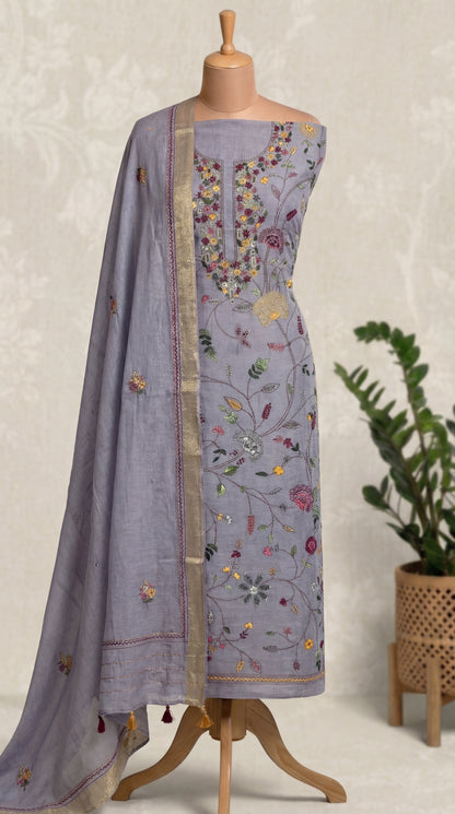 Lavender Grey Resham Embroidery Linen Unstitched Suit Set