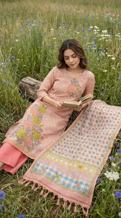 Resham Embroidery Peach Pink Jute Cotton Stitched Suit Set