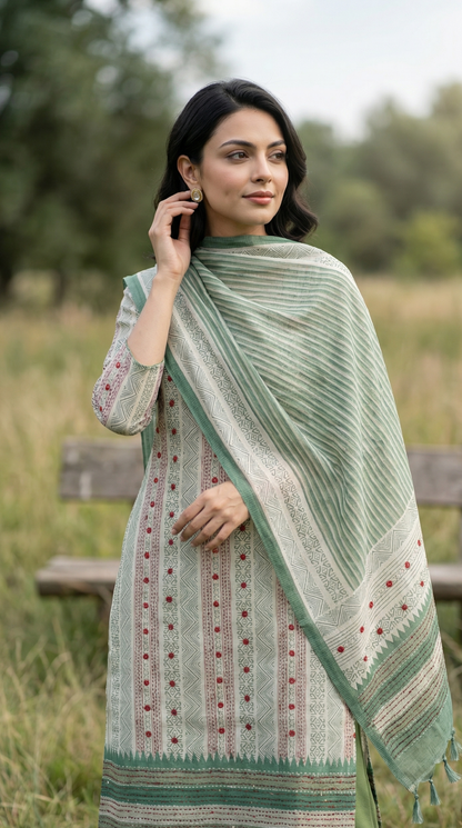 Resham Embroidery Green Jute Cotton Stitched Suit Set