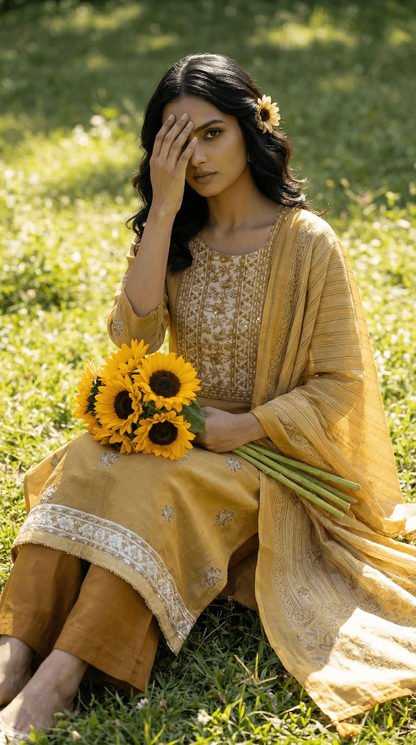 Resham Embroidery Yellow Jute Cotton Stitched Suit Set