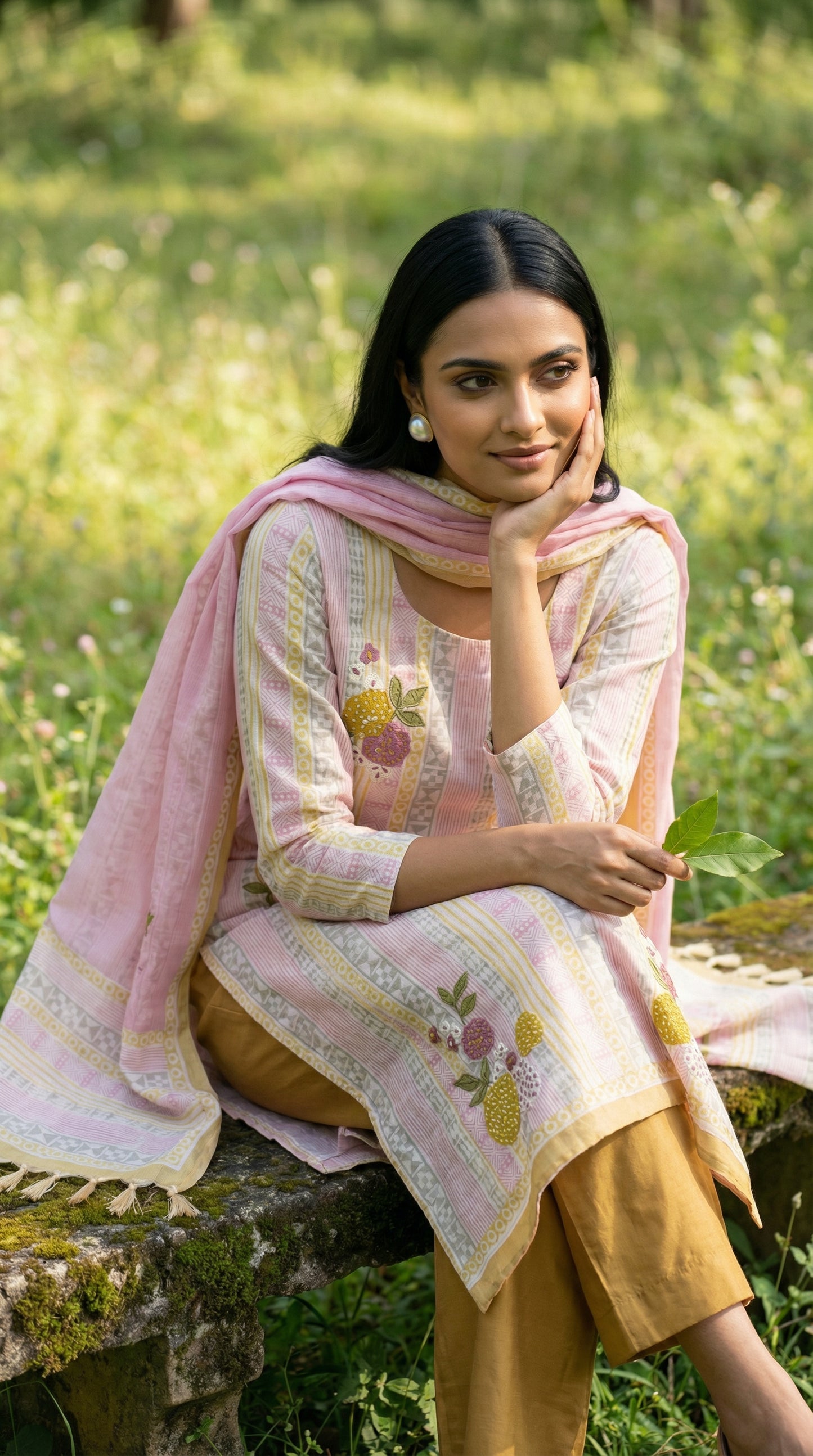 Resham Embroidery Dusty Yellow Jute Cotton Stitched Suit Set